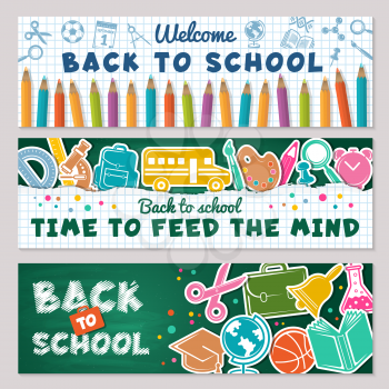 School banners. Vector illustrations for back to school banners. School welcome banner, education and supplies for study