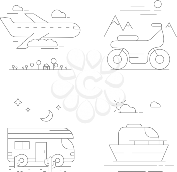 Urban transport icons. Vector compositions with transport. Car bus and airplane, plane and ship ilustration