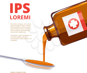 Liquid medicine in a spoon. Vector illustrations of medicine bottle. Spoon with syrup cough, medical care