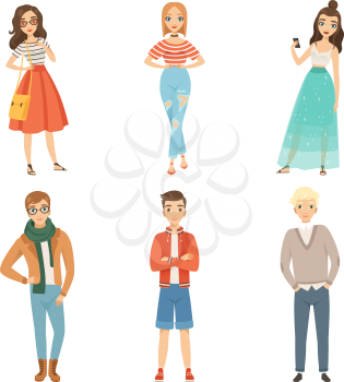 Fashionable guys and girls. Cartoon male and female characters in various fashion poses. Vector guy and female fashion illustration