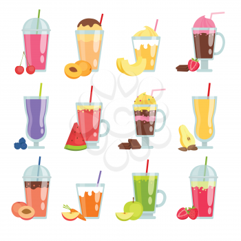 Cartoon smoothie. Various summer drinks smoothie. Vector fresh juice blueberry and carrot illustration