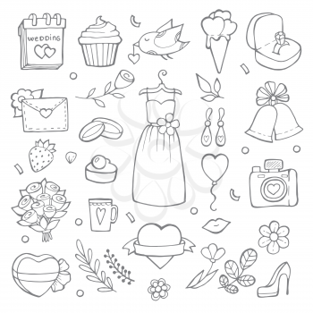 Wedding day icons. Various pictures of brides and wedding tools. Vector celebration dress for ceremony wedding, bridal cake illustration