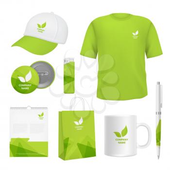 Business corporate identity. Various souvenirs with advertizing templates. Vector identity company clothing branding, promotional t-shirt and pack illustration