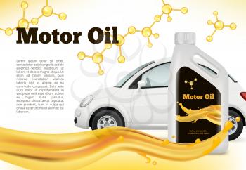Realistic poster of car. Vector illustrations of Car oils advertizing. Banner oil motor container, advertise service auto