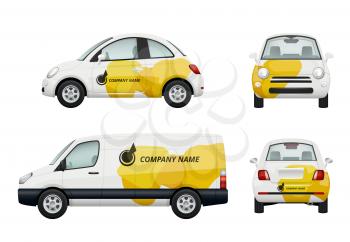 Cars branding. Realistic illustrations of advertizing on cars. Auto realistic behind, back and rear view, brand company name vector