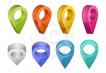 Colored map pointers. Various colors of gps navigation pointers. Vector pointer position place, gps navigation marker illustration