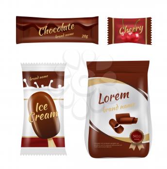 Food package design. Identity of food packages. Chocolate food package, dessert product sweet. Vector illustration