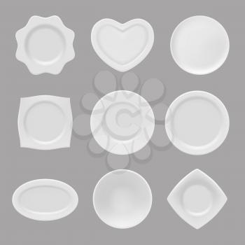 Realistic plates. Vector illustrations of realistic dishware. Kitchen plate porcelain shape surface