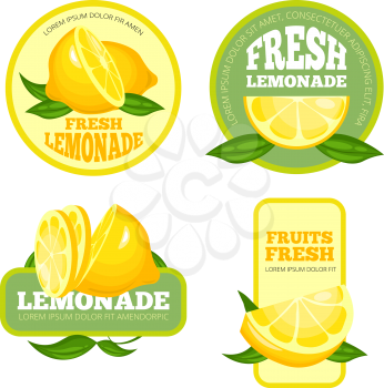 Lemonade badges. Lemon juice or fruit syrup lemonade vector labels or logo illustrations. Lemonade juice and lemon drink