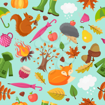Autumn animals pattern. Forest fall cute fox hedgehog and orange squirrel in yellow leaves vector autumn seamless background. Autumn background, squirrel and woodland, seamless pattern illustration