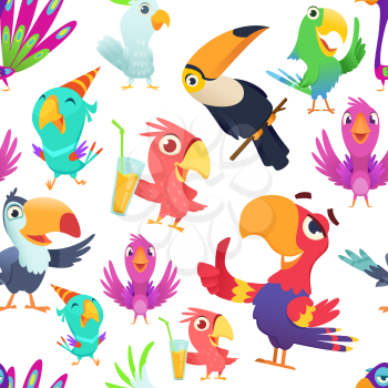 Parrots pattern. Toucan tropical colored birds summer exotic seamless vector illustrations in cartoon style. Exotic bird parrot, macaw and toucan