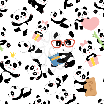 Panda pattern. Traditional asian cute china baby bears vector seamless illustrations with animals characters. Black white bear background, pattern asia fauna