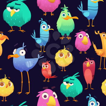 Angry birds pattern. Game parrots and exotic baby cute and funny colored birds. Vector cartoon seamless illustrations. Pattern exotic bird, parrot angry, colored macaw