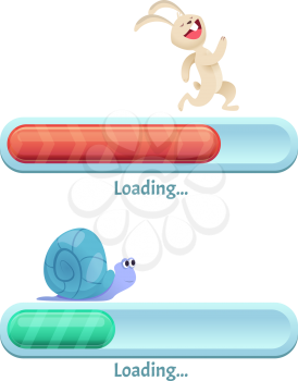Fast download bar. Business concept of computer internet conection type quick rabbit and slow snail in dynamic poses vector cartoon ui. Illustration of upload internet, download website speed