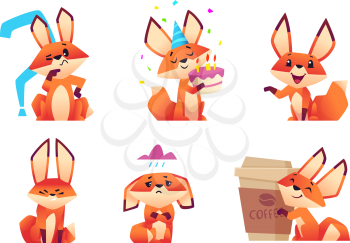 Cartoon fox characters. Orange fluffy wild animals poses and emotions zoo vector illustrations. Fox animal muzzle wicked and pensive