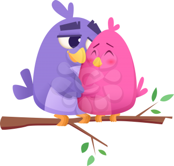 Love bird couples. Male and female animals cute birds sitting on branch st valentine vector concept background. Illustration of love couple, female and male valentine