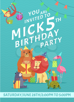 Birthday card invitation. Greeting baby invite placard with colored pictures of wild animals with gifts vector design template. Animal birthday anniversary, celebration banner invitation illustration