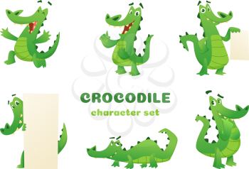 Cartoon crocodile characters. Alligator wild amphibian reptile green big animals vector mascots designs in various poses. Alligator animal, reptile green illustration
