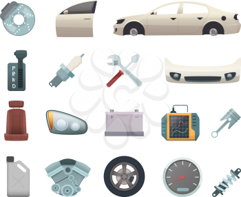 Car parts. Automobile creation kit with gear wheels disc engine transmission steel white door brown seat and headlight vector icons. Auto engine, automobile of part, illustration of wheel machine