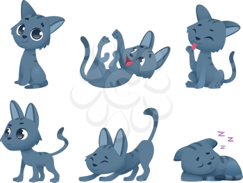 Cute baby cats. Funny little domestic animals toy kitten vector cartoon characters in various poses. Illustration of cat animal, kitten pet domestic