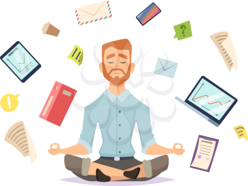 Business yoga concept. Office zen relax concentration at workspace table yoga practice vector illustration. Business concentration yoga, meditation zen pose