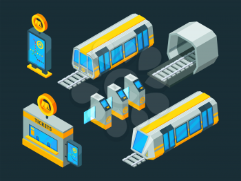 Metro elements. Train escalator and subway gate vector isometric low poly 3d pictures. Illustration of subway transport passenger, urban metro station