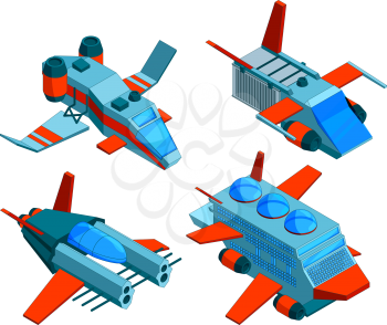 Spaceships isometric. Space technologies cargo and warships aerial bomber 3d vector low poly spaceships isolated. Illustration of spaceship rocket, graphic spacecraft
