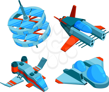 Spaceships isometric. Building technology of various types of ships cargo warship bomber and aerial 3d vector low poly spaceships isolated. Illustration of spaceship and rocketship transport isometric