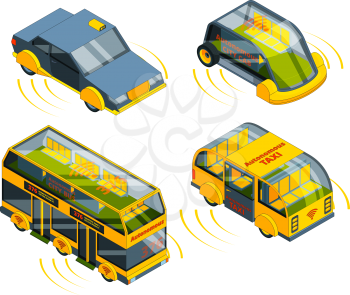 Future unmanned vehicle. Autonomous transport cars buses trucks and trains self control automotive robots system vector isometric. Illustration of auto transport automated collection