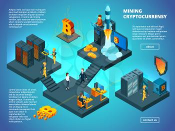 Crypto currency concept. Ico blockchain startup office analytics managers anonymous computer transaction vector isometric composition. Startup bitcoin isometric, crypto mining ico illustration