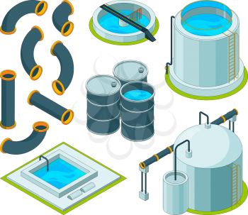 Water purification. Treatment watering cleaning system chemical laboratory vector isometric icons. Illustration of purification isometric system, reservoir tank water