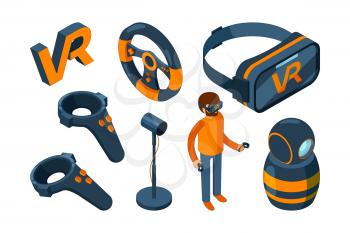 Virtual reality 3d. Vr game futuristic helmet and digital glasses augmentation headset vector isometric. 3d vr device, helmet and joystick, mask for simulation virtual illustration