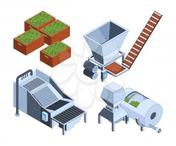 Olive production. Oil plants extraction technology farm tanks press fruits manufacturing bottle crushed food vector isometric. Illustration of olive plant industry, process manufacturing