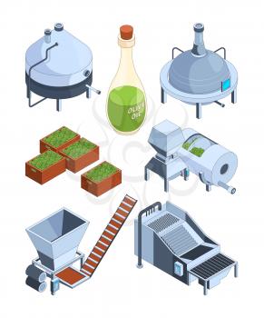Olive oil extraction. Greek balck and green olive oil production industry farm food press manufacturing vector isometric icons. Oil olive production industry, agriculture fresh packaging illustration