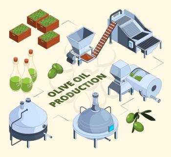 Olive manufacturing. Oil production processes plant food press industry farm tank centrifuge bottles. Vector isometric pictures. Olive oil production industry, fresh organic ingredient illustration