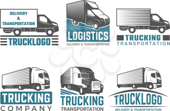 Truck logo. Business symbols emblems of transportation or logistics company with illustrations of various truck. Vector silhouettes. Truck transportation, transport freight cargo, logistic delivery