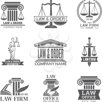 Law and legal labels. Legal code, judge hammer and other corporate symbols of jurisprudence. Black labels and badges of legal notes. Lawyer firm or company logo, vector illustration