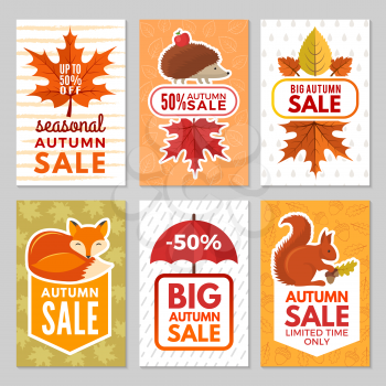 Autumn cards. Hedgehog, fox, squirrel and autumn leaves with umbrella from rain. Vector autumn symbols of cards for big sales. Discount autumn, sale card, price offer promotion illustration
