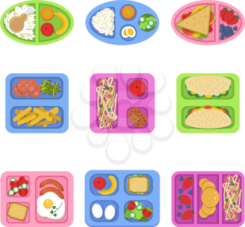 Lunch boxes. Food containers with fish, meal eggs sliced fresh fruits vegetables sandwich for kids breakfast. Vector flat illustrations. Container food for sandwich and snack