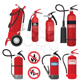 Red fire extinguishers. Firefighters tools for flame fighting attention colored vector symbols for fire station. Illustration of equipment safety, extinguisher protection