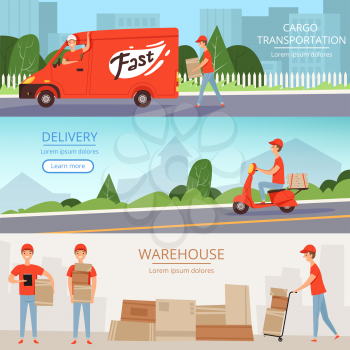 Delivery service banners. Cargo warehouse workers pizza and food delivery man on transport red van motorcycle. Vector design template of banners. Illustration of delivery service, fast transportation