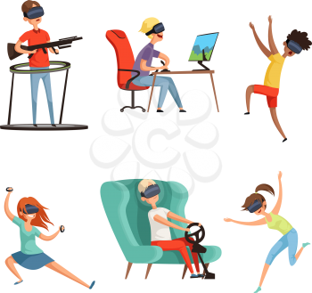 Virtual reality characters. VR helmet Funny peoples gaming virtual headset glasses video gamers. Vector mascot design in cartoon style. Illustration of vr helmet, headset virtual game device