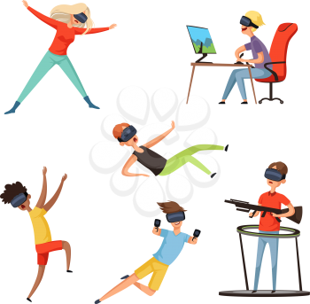 Virtual reality gamer. Funny and happy characters playing online games VR helmet virtual headset or glasses. Vector illustrations. Virtual gamer, play innovation videogame
