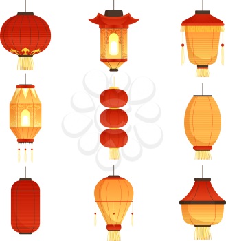 Asian cartoon lanterns. Chinese and chinatown festival papers lanterns vector illustrations. Holiday chinese elements, china asian lamp paper