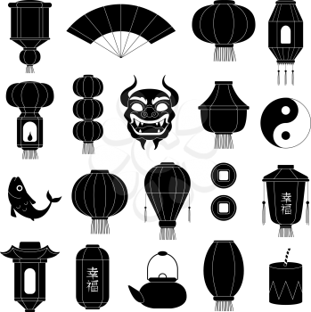 Chinese symbols silhouettes. Asian paper lanterns mask of dragon fish traditional china festive black vector illustrations. Chinese symbol, dragon and lantern