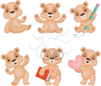 Teddy bear characters. Fluffy cute toys for kids bear vector mascots in various action poses. Set of bear toys, plaything happy illustration vector