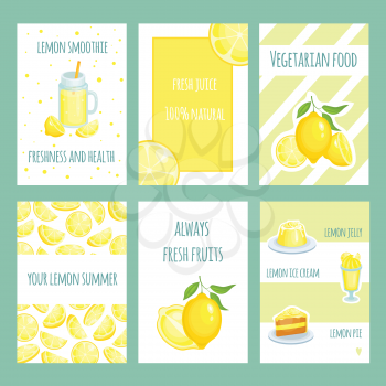 Fresh lemon cards. Lemonade and lemon citric juice with sliced and fresh fruits. Vector retro template. Food lemon, lemonade and ice cream, jelly and cake illustration