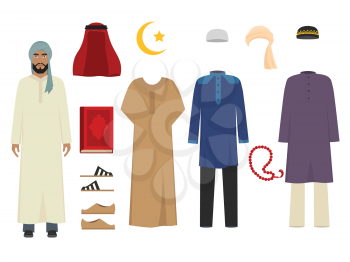 Arabic man clothes. National islamic fashion of male costumes wardrobe items muslim iranian and turkish sultan vector illustrations. Traditional clothing saudi and muslim for man character