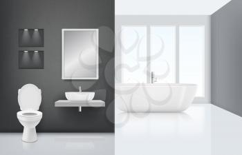 Modern bathroom interior. Toilet sink washing cabin in fresh and white bath luxury stylish interior. Vector realistic clean background. Interior of bathroom with toilet and sink illustration