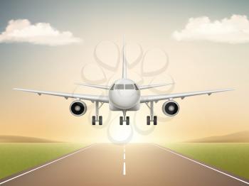 Jet aeroplane on runway. Aircraft takeoff from civil airline to blue sky realistic vector background illustrations. Travel plane in air, aircraft flight transportation